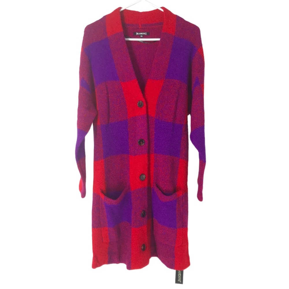 BLANKNYC Long Checkered Red Purple Plaid Tartan Cardigan Size Med - S - XS